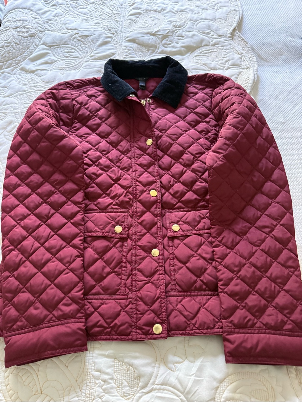 J Crew Quilted Burgundy Jacket with Black Corduroy Collar